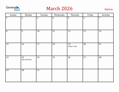 Current month calendar with Bolivia holidays for March 2026