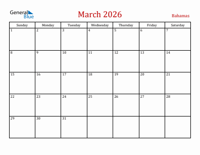 Current month calendar with Bahamas holidays for March 2026