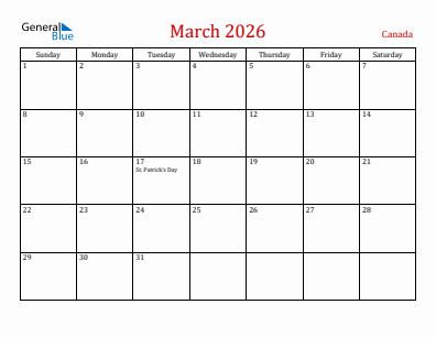 Current month calendar with Canada holidays for March 2026