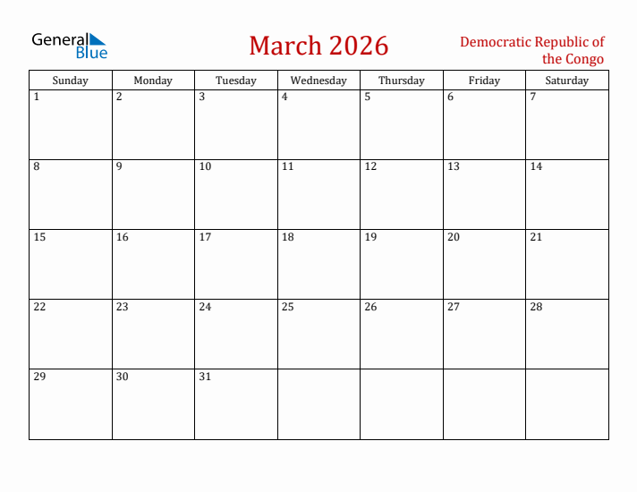 Democratic Republic of the Congo March 2026 Calendar - Sunday Start