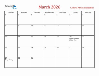 Current month calendar with Central African Republic holidays for March 2026