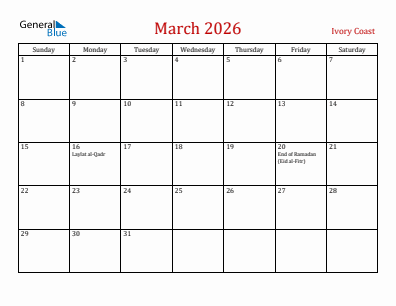 Current month calendar with Ivory Coast holidays for March 2026