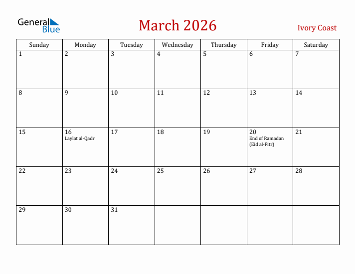 Ivory Coast March 2026 Calendar - Sunday Start