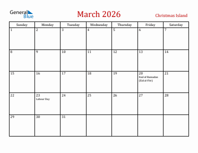 Current month calendar with Christmas Island holidays for March 2026
