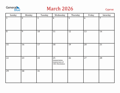 Current month calendar with Cyprus holidays for March 2026