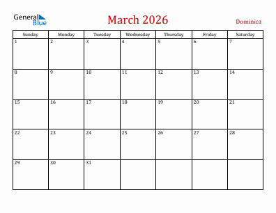 Current month calendar with Dominica holidays for March 2026