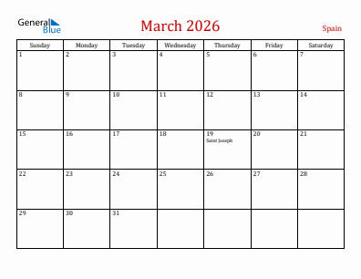 Current month calendar with Spain holidays for March 2026