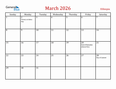 Current month calendar with Ethiopia holidays for March 2026