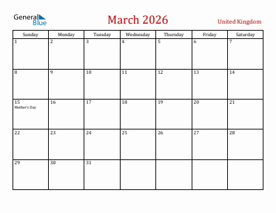 Current month calendar with United Kingdom holidays for March 2026