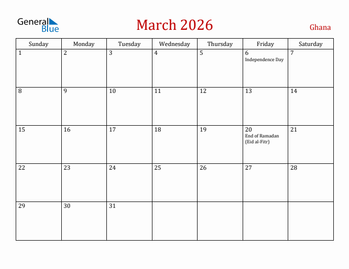 Ghana March 2026 Calendar - Sunday Start