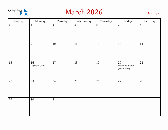 Guinea March 2026 Calendar - Sunday Start