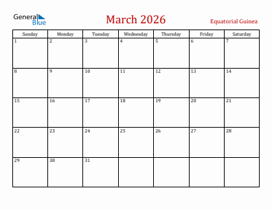 Current month calendar with Equatorial Guinea holidays for March 2026