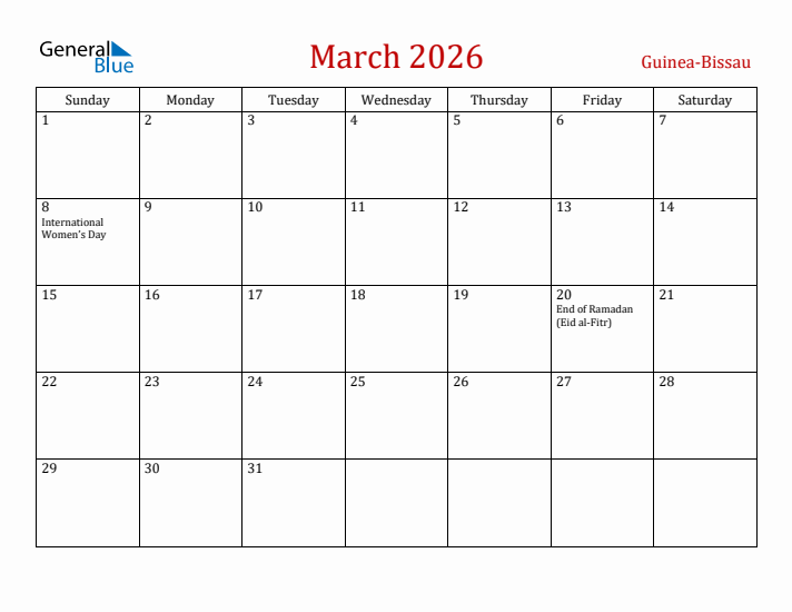 Guinea-Bissau March 2026 Calendar - Sunday Start