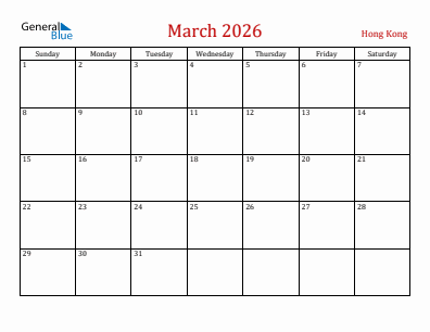 Current month calendar with Hong Kong holidays for March 2026