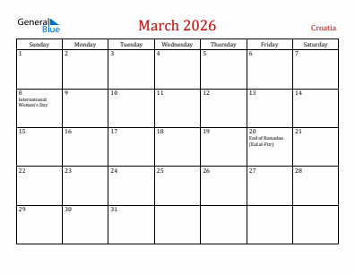 Current month calendar with Croatia holidays for March 2026