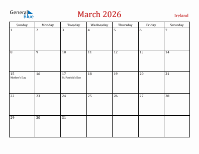 Current month calendar with Ireland holidays for March 2026
