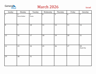 Current month calendar with Israel holidays for March 2026