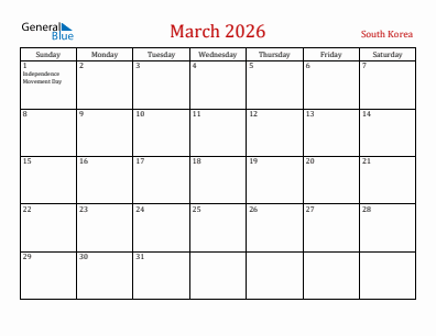 Current month calendar with South Korea holidays for March 2026