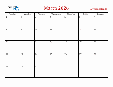 Current month calendar with Cayman Islands holidays for March 2026