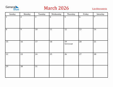 Current month calendar with Liechtenstein holidays for March 2026