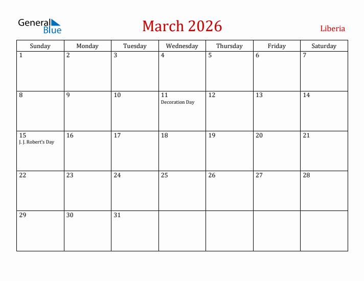 Liberia March 2026 Calendar - Sunday Start