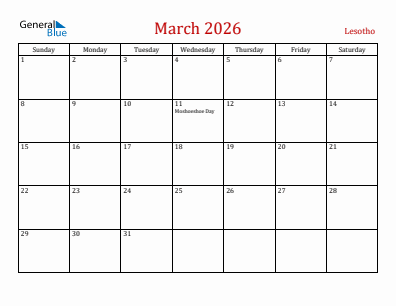 Current month calendar with Lesotho holidays for March 2026