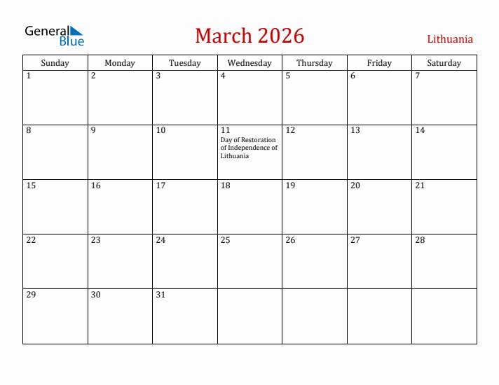 Lithuania March 2026 Calendar - Sunday Start