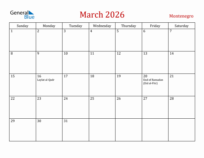 Montenegro March 2026 Calendar - Sunday Start