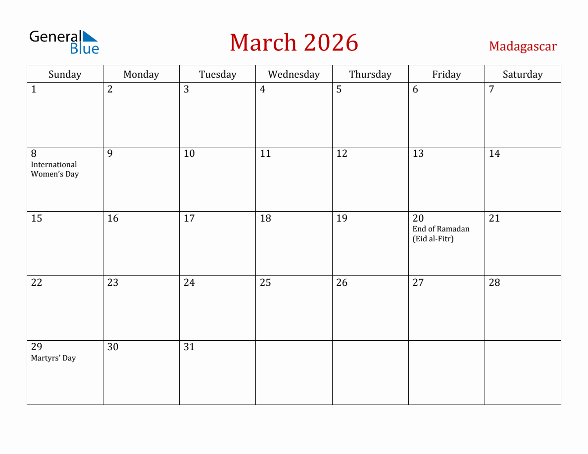 March 2026 Madagascar Monthly Calendar with Holidays