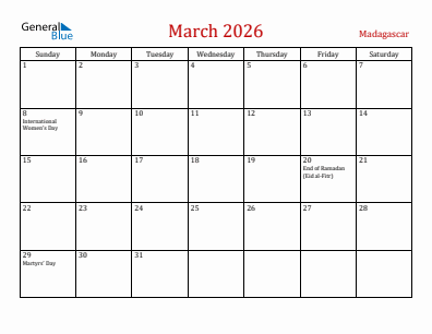 Current month calendar with Madagascar holidays for March 2026