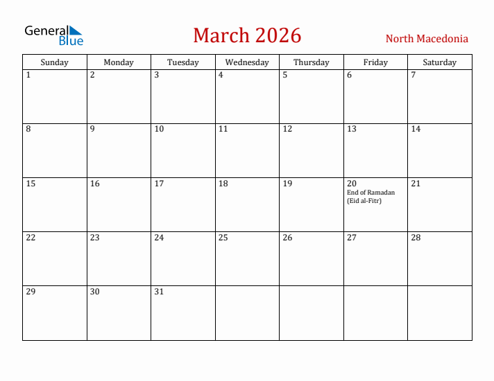 North Macedonia March 2026 Calendar - Sunday Start