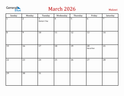 Current month calendar with Malawi holidays for March 2026