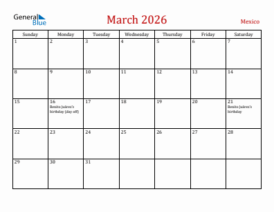 Current month calendar with Mexico holidays for March 2026
