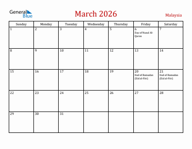 Current month calendar with Malaysia holidays for March 2026