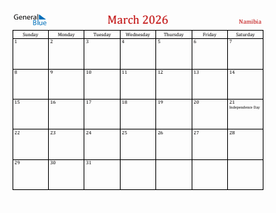 Current month calendar with Namibia holidays for March 2026