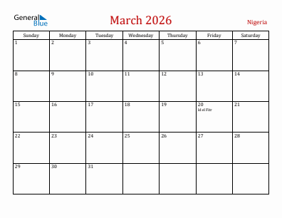 Current month calendar with Nigeria holidays for March 2026