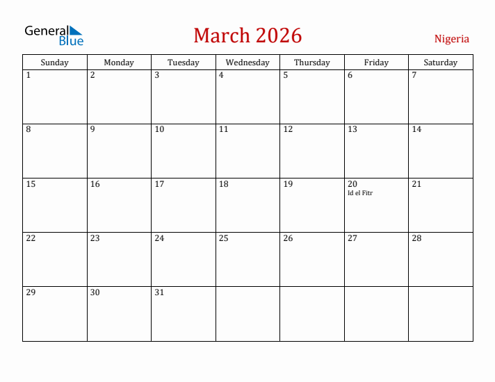 Nigeria March 2026 Calendar - Sunday Start