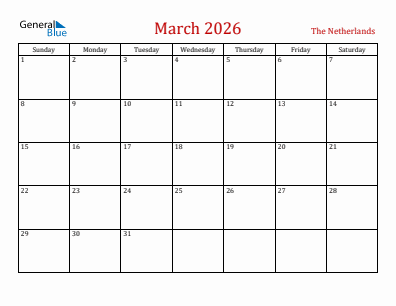 Current month calendar with The Netherlands holidays for March 2026