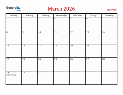 Current month calendar with Norway holidays for March 2026