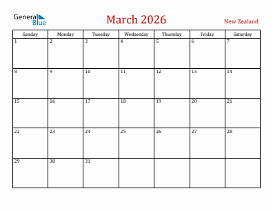 Current month calendar with New Zealand holidays for March 2026