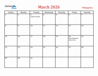 Current month calendar with Philippines holidays for March 2026