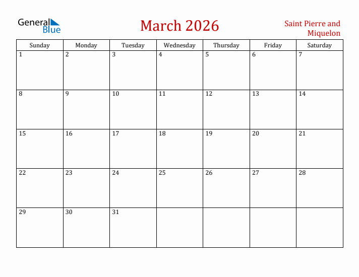 Saint Pierre and Miquelon March 2026 Calendar - Sunday Start