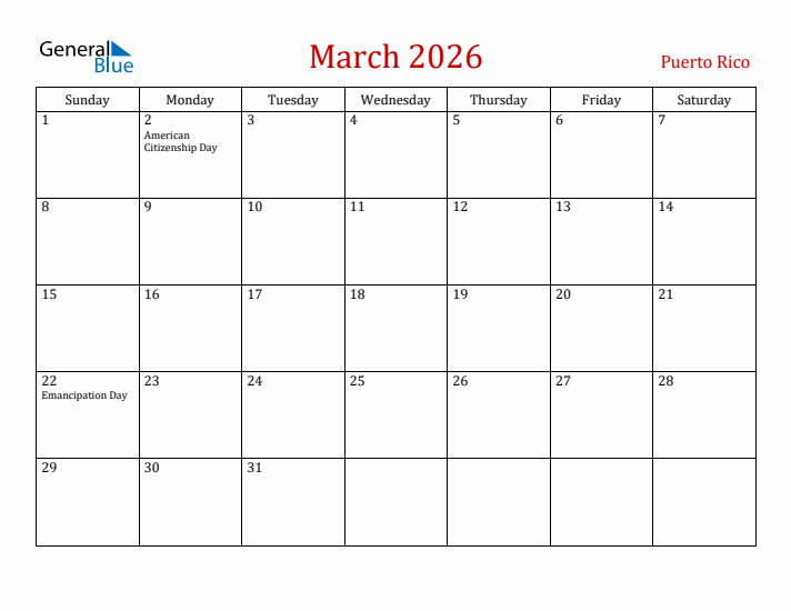 Puerto Rico March 2026 Calendar - Sunday Start