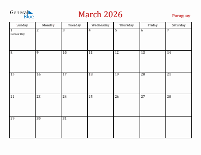 Current month calendar with Paraguay holidays for March 2026