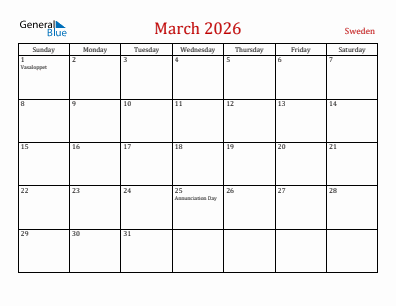 Current month calendar with Sweden holidays for March 2026