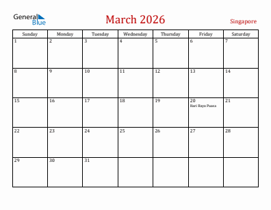 Current month calendar with Singapore holidays for March 2026
