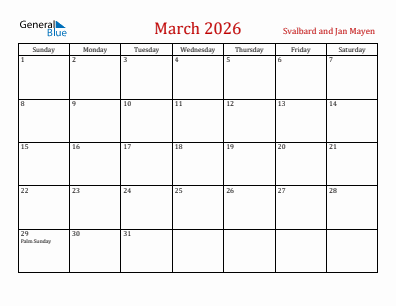 Current month calendar with Svalbard and Jan Mayen holidays for March 2026