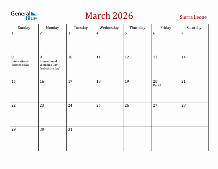 Sierra Leone March 2026 Calendar - Sunday Start