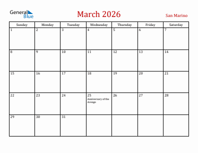 Current month calendar with San Marino holidays for March 2026