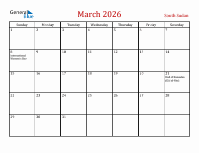 Current month calendar with South Sudan holidays for March 2026